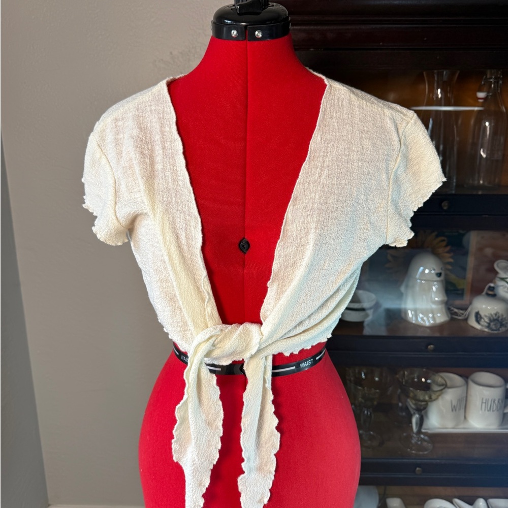 Out From Under Boho Ivory Tie Front Cropped Short Sleeve Top Size XL